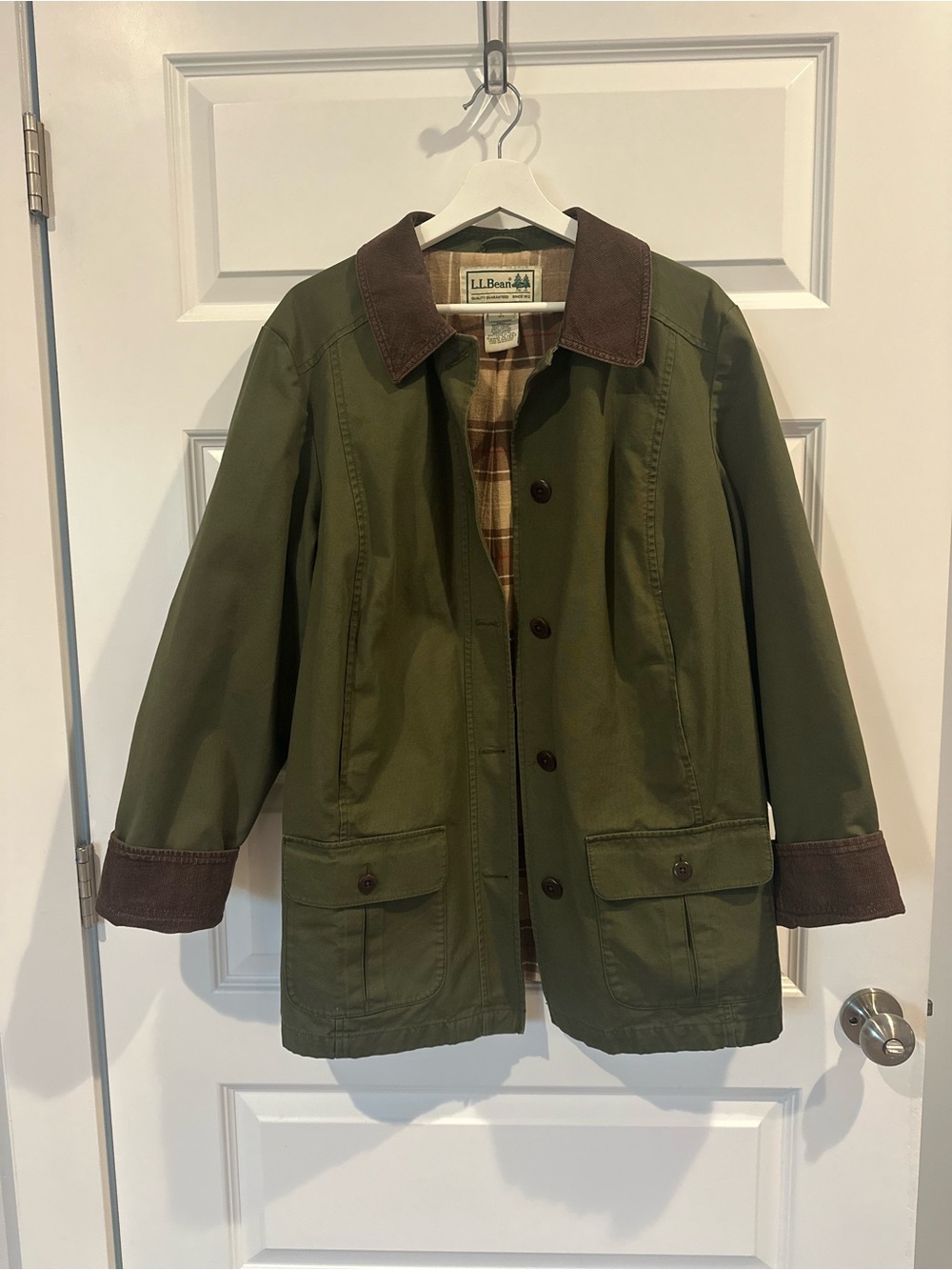 LL Bean Women's Adirondack Barn Coat, Flannel-Lined Green & Brown Large